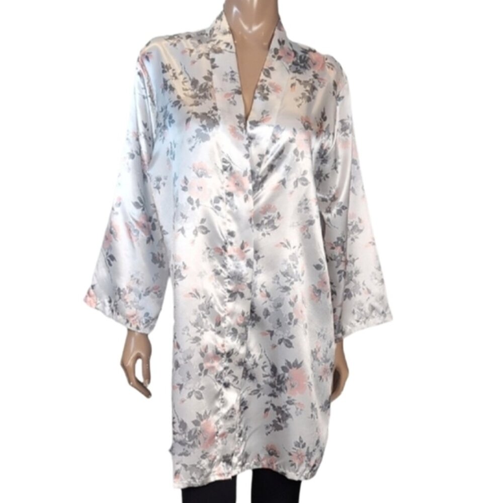 La Vie En Rose Satin Floral Robe Womens Small Medium Grey Purple Sleepwear